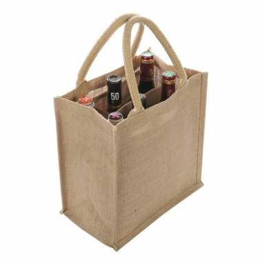 1x jute boodschappentassen/strandtassen voor 6 flessen 29 x 27 cm naturel