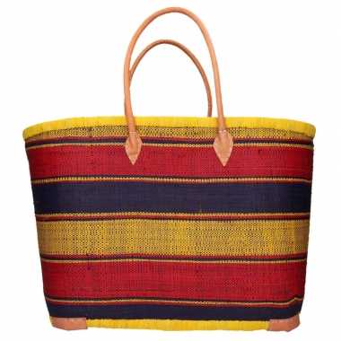 Damestas rieten strandtas geel/zwart/rood strepen print 52 cm