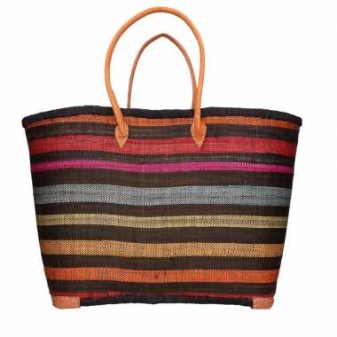 Damestas rieten strandtas zwart/multikleur strepen print 52 cm