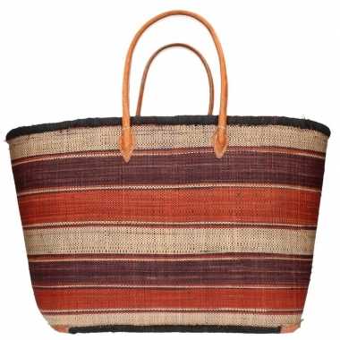 Damestas rieten strandtas zwart/rood/naturel strepen print 52 cm