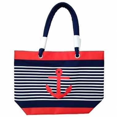 Damestas strandtas maritiem blauw/wit strepen douglas 58 cm