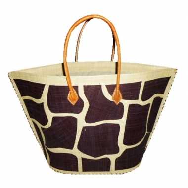 Damestas strandtas met bruin/naturel giraf/dieren print 51 cm