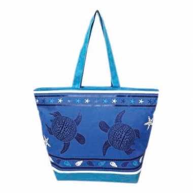 Damestas strandtas schildpad/schelpen print turtle blauw 58 cm