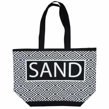 Damestas strandtas zigzag zwart/wit sand 58 cm