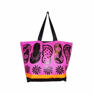 Damestas strandtas zomerse print flip flops roze 58 cm