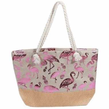 Strandtas flamingo/ananas creme/metallic roze 54 cm