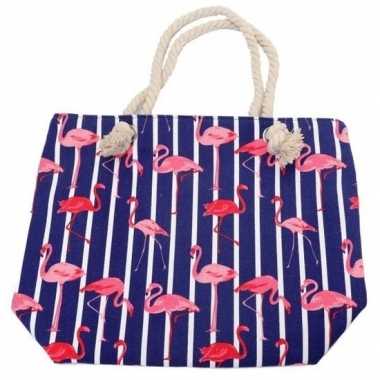 Strandtas flamingo/strepen blauw 43 cm