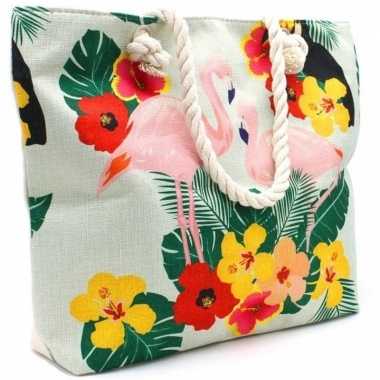 Strandtas flamingo/tropisch gekleurd 43 cm