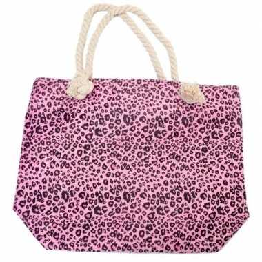 Strandtas luipaard/panter print roze 43 cm