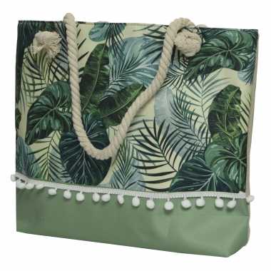 Strandtas met handvat groen met bladeren polyester 45 x 35 cm