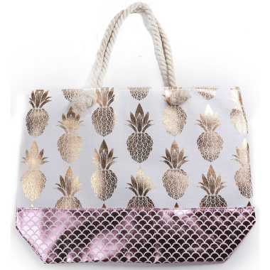 Strandtas wit met metallic ananas/schubben print 54 cm