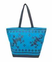 Damestas strandtas zomer reptielen print gekko blauw 58 cm